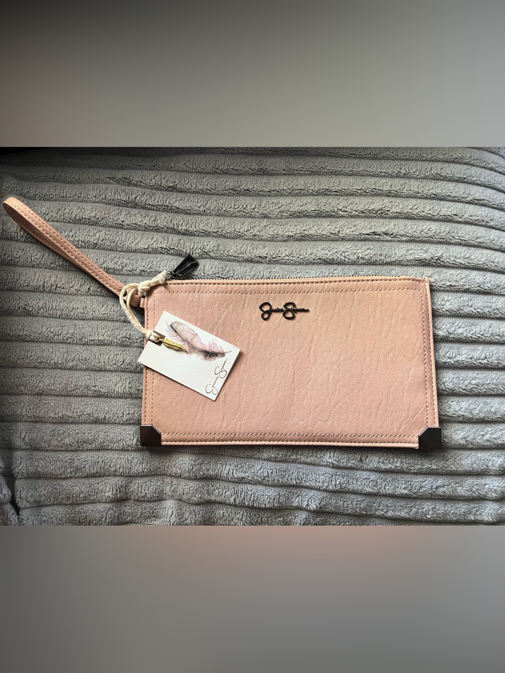 Jessica Simpson Blush Pink Wristlet Clutch with Gold Feather Charm